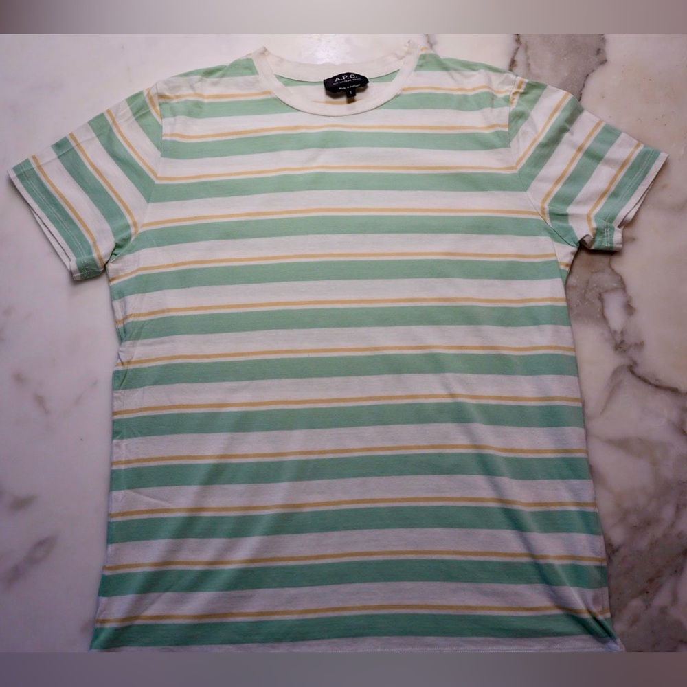 A.P.C. Green and White Striped Short Sleeve Tee